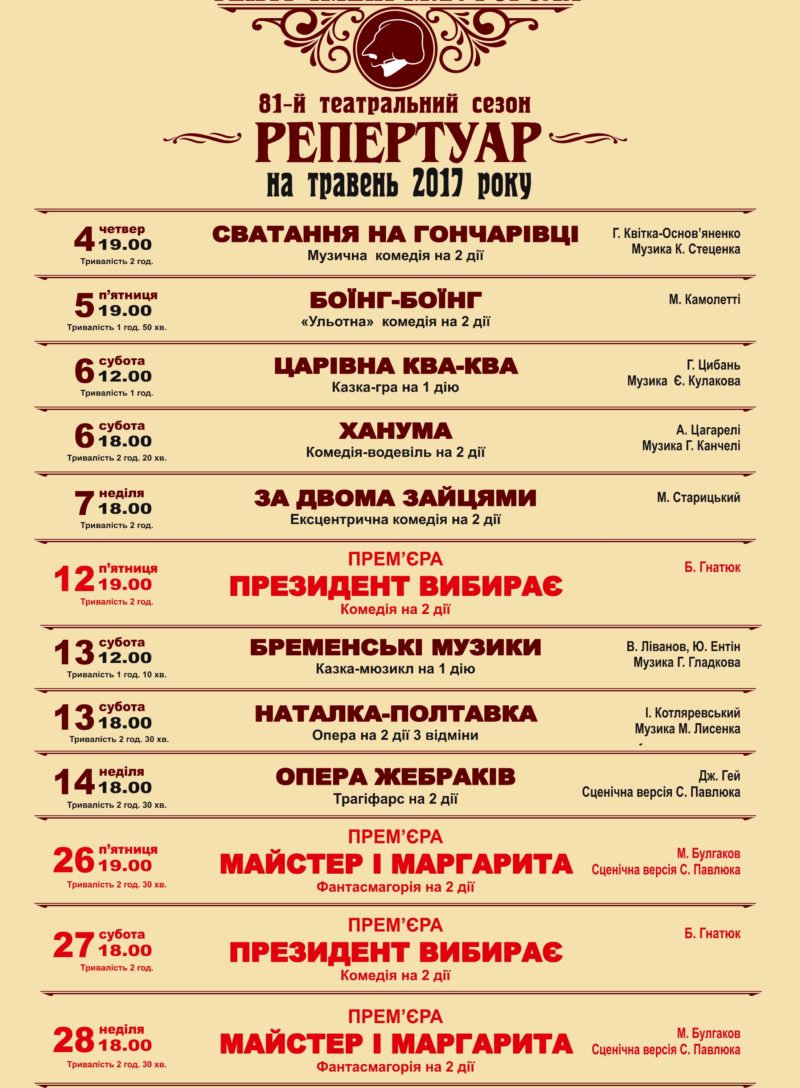 Афіша театру Гоголя Полтава травень 2017